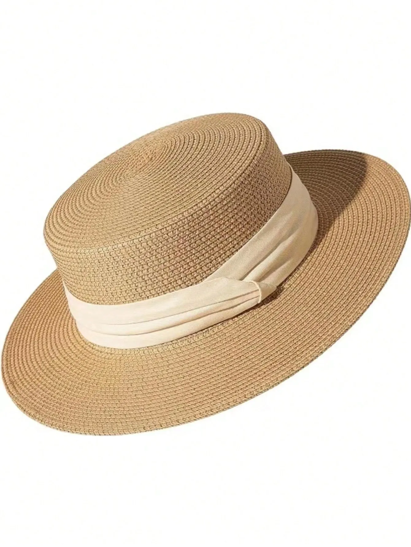 1pc Ladies Flat Top Hat With Three-Fold Belt, Fashionable Straw Hat, Beach Hat