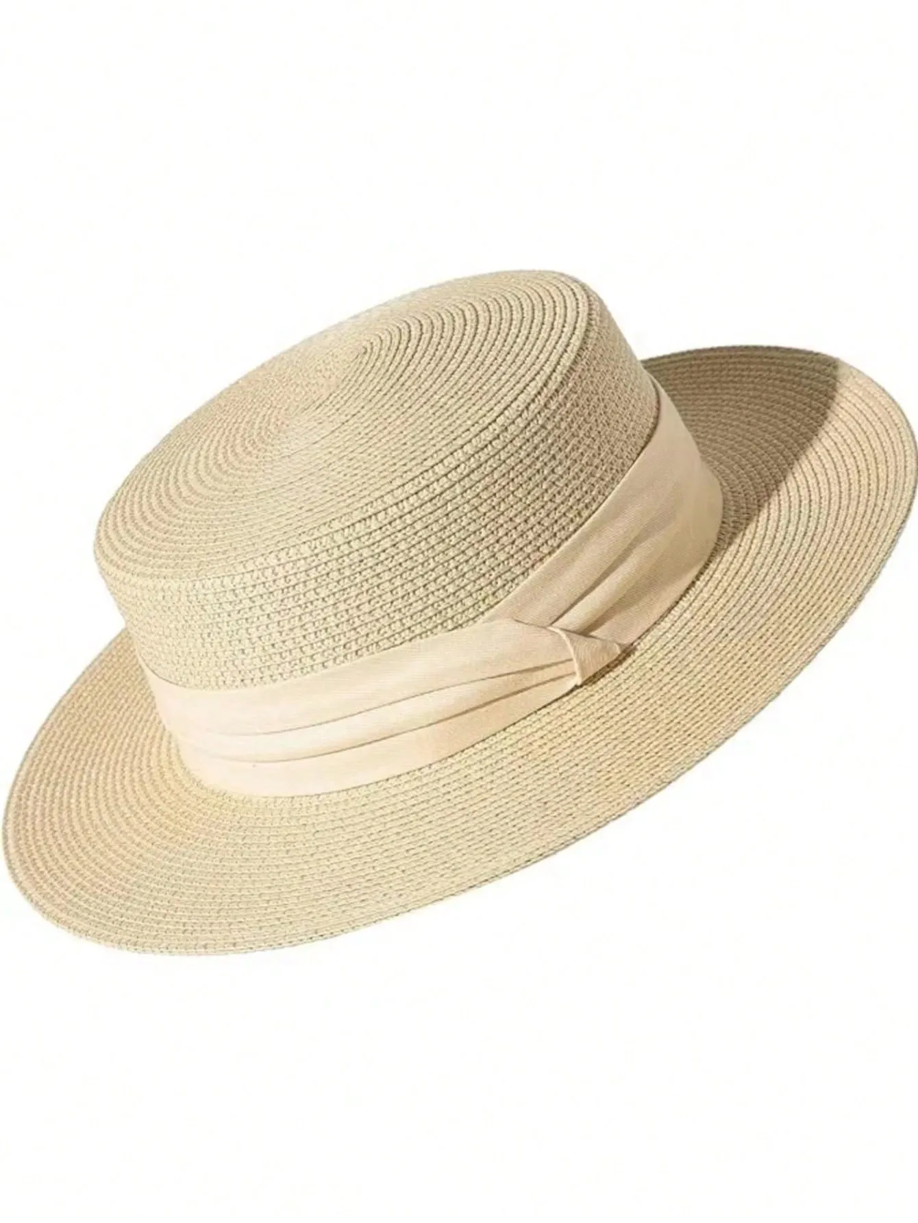 1pc Ladies Flat Top Hat With Three-Fold Belt, Fashionable Straw Hat, Beach Hat