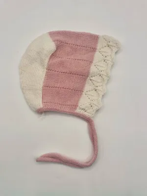 6-12 M Cream and Pink Cashmere Blend Knit Baby Bonnet with Bobbles and tie