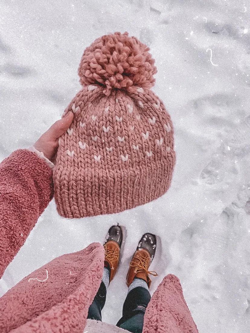 Adult Knitted Fair Isle Hearts Double Brim Beanie with Pom Pom