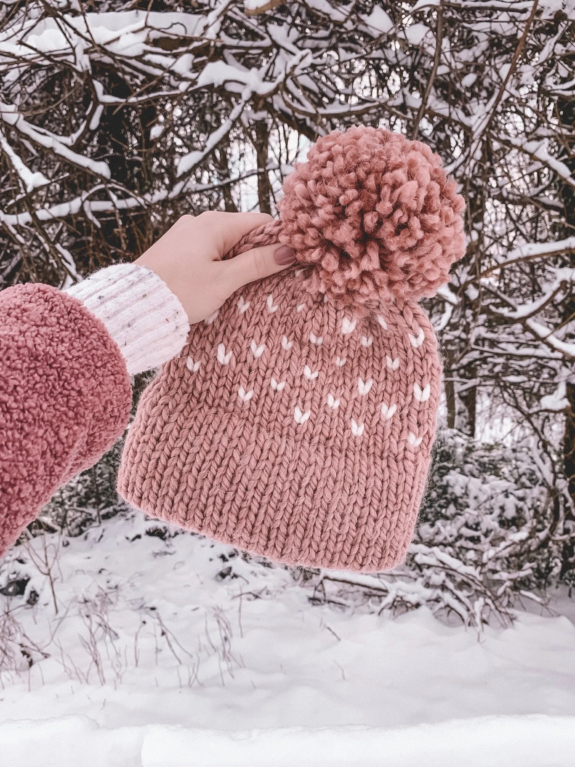 Adult Knitted Fair Isle Hearts Double Brim Beanie with Pom Pom