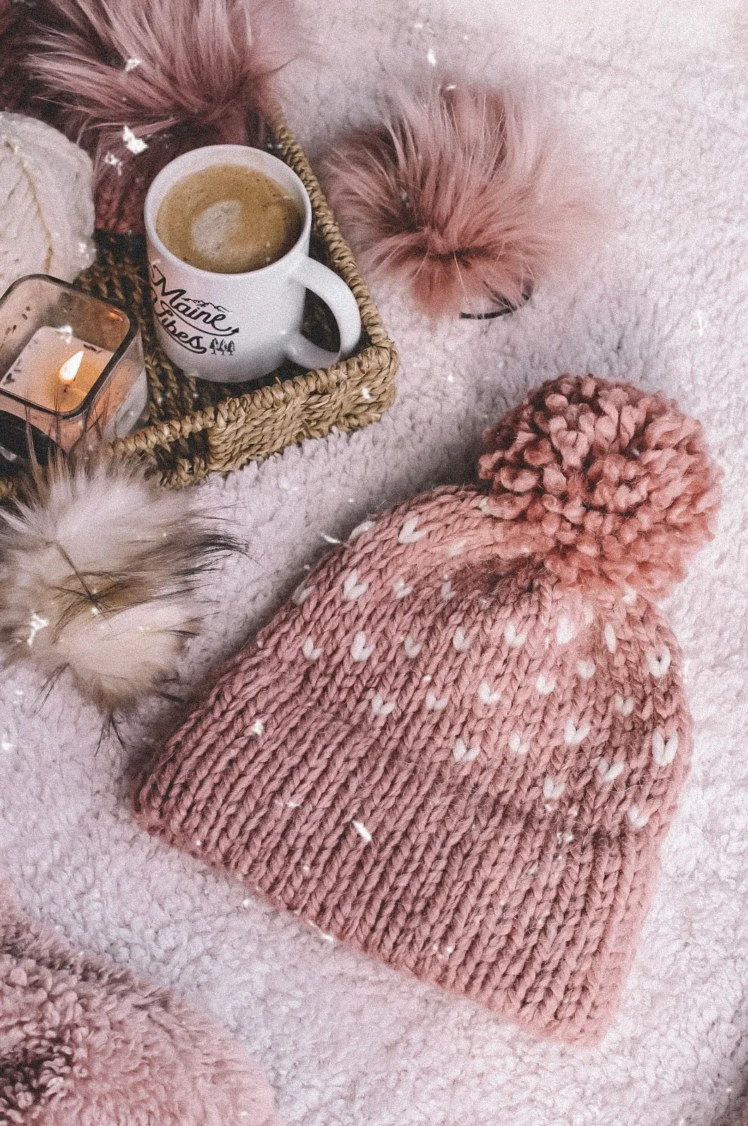 Adult Knitted Fair Isle Hearts Double Brim Beanie with Pom Pom