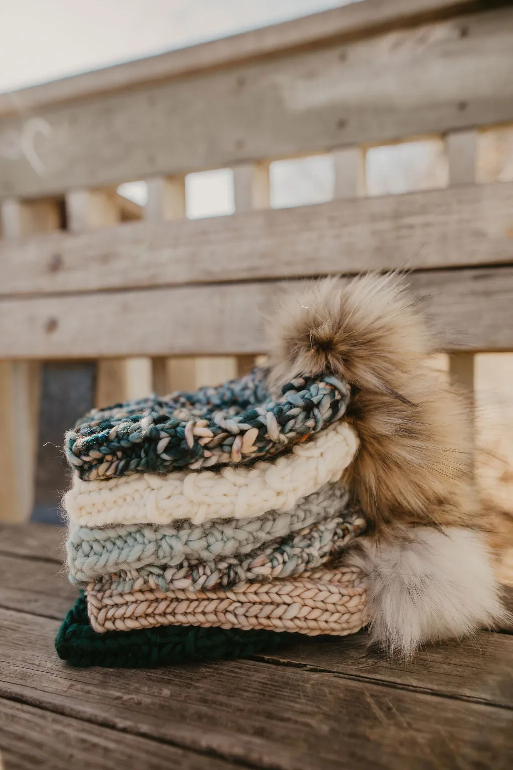 Aqua Blue Peruvian Wool Knit Hat with Faux Fur Pom Pom