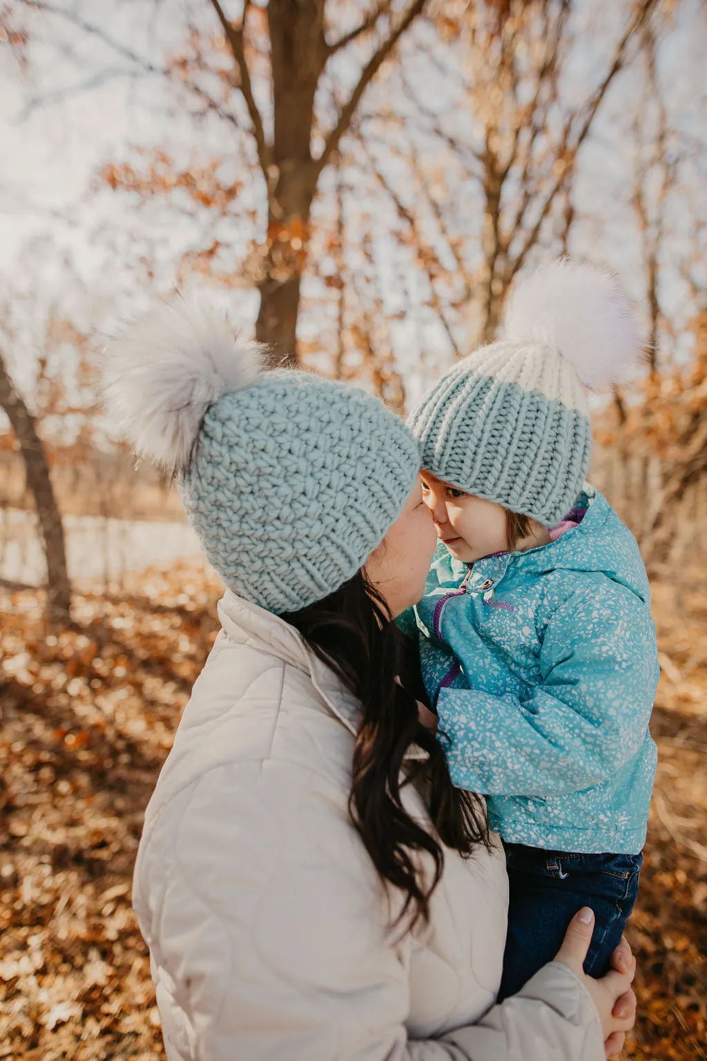 Aqua Blue Peruvian Wool Knit Hat with Faux Fur Pom Pom