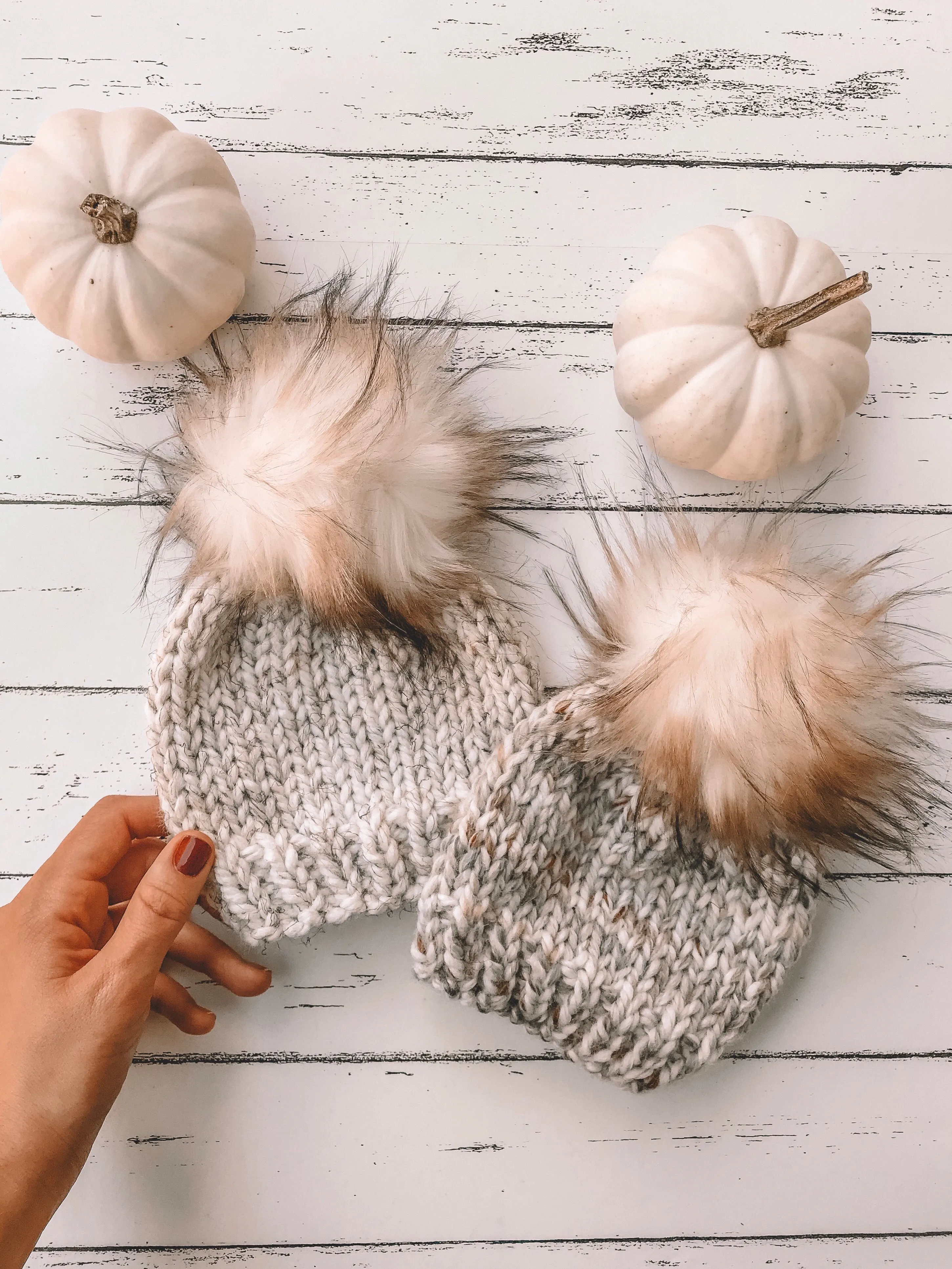 Baby Knitted Beanie with Faux Fur Pom Pom // Wheat