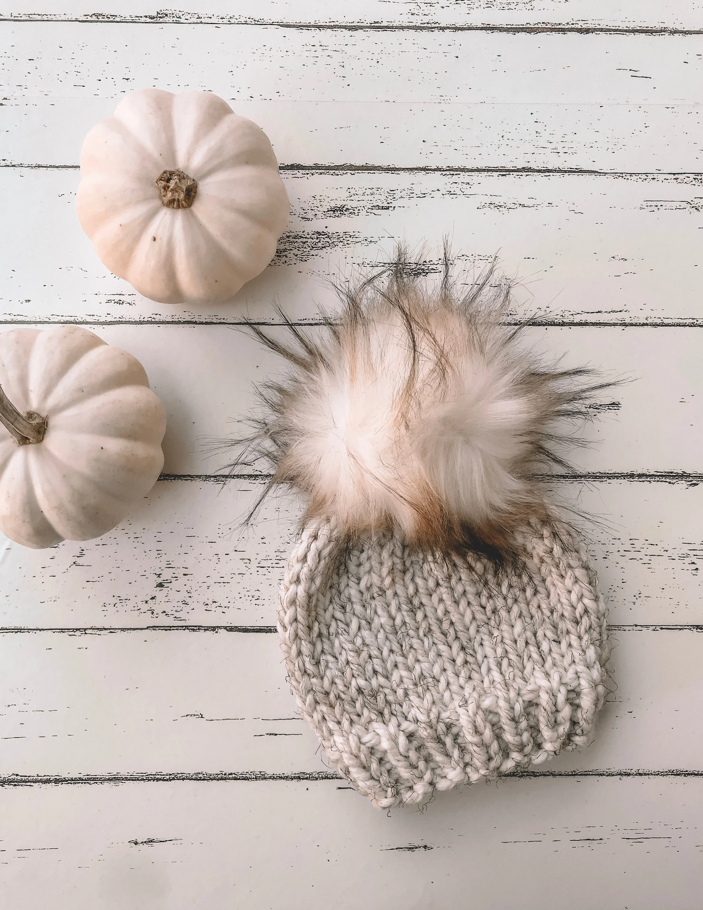 Baby Knitted Beanie with Faux Fur Pom Pom // Wheat