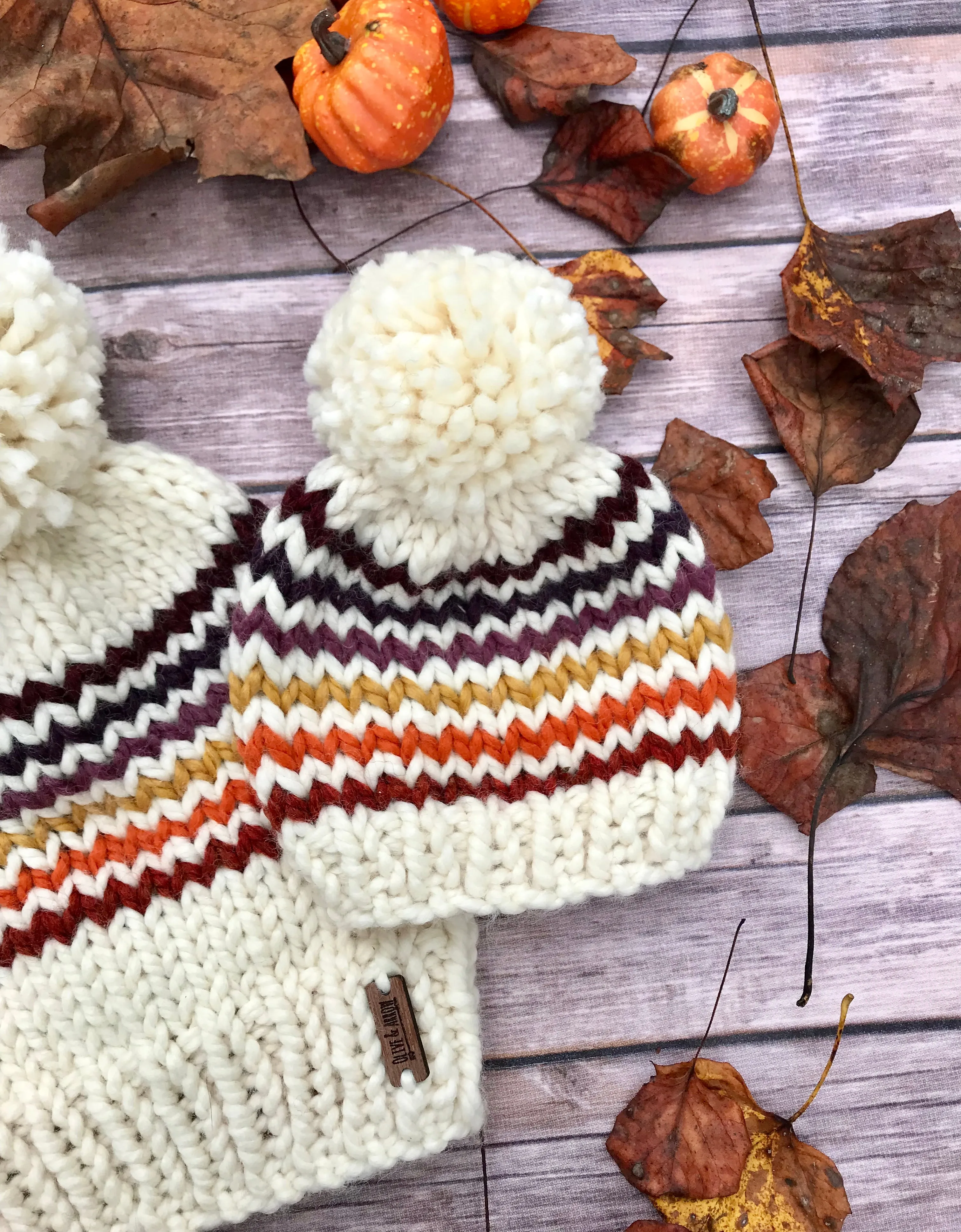 Baby Knitted Fair Isle Hearts Beanie with Yarn Pom Pom // Retro Rainbow Stripes