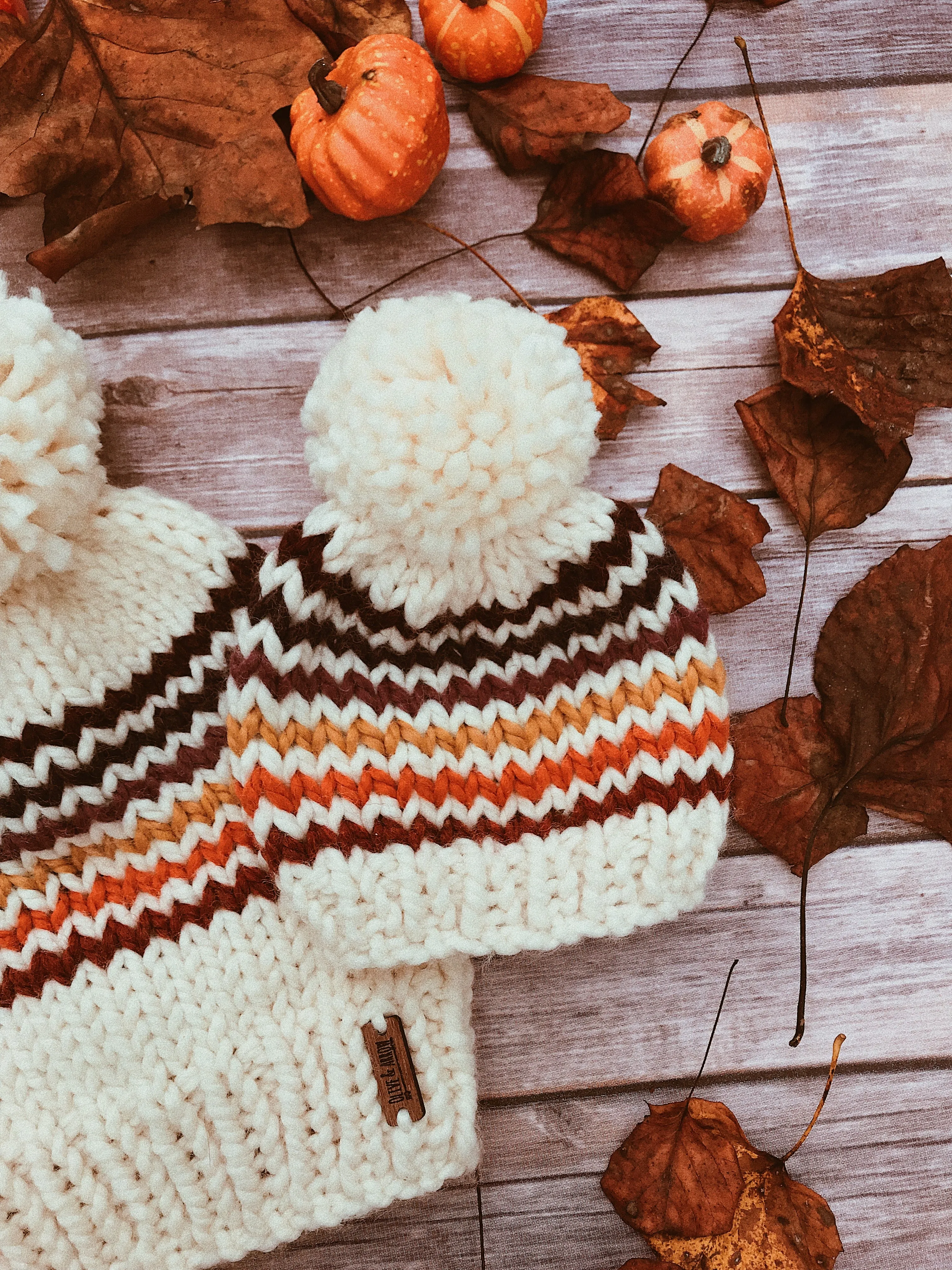 Baby Knitted Fair Isle Hearts Beanie with Yarn Pom Pom // Retro Rainbow Stripes