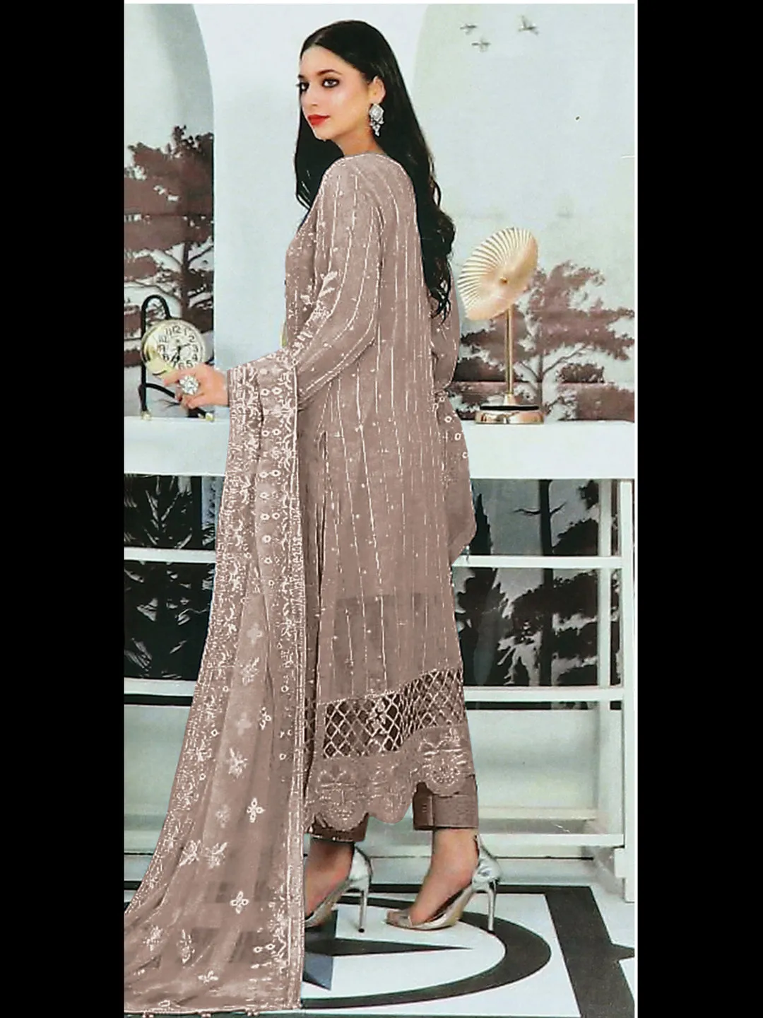 Beige Designer Function Wear Semi-Stitched Pant Suit With Embroidery Work