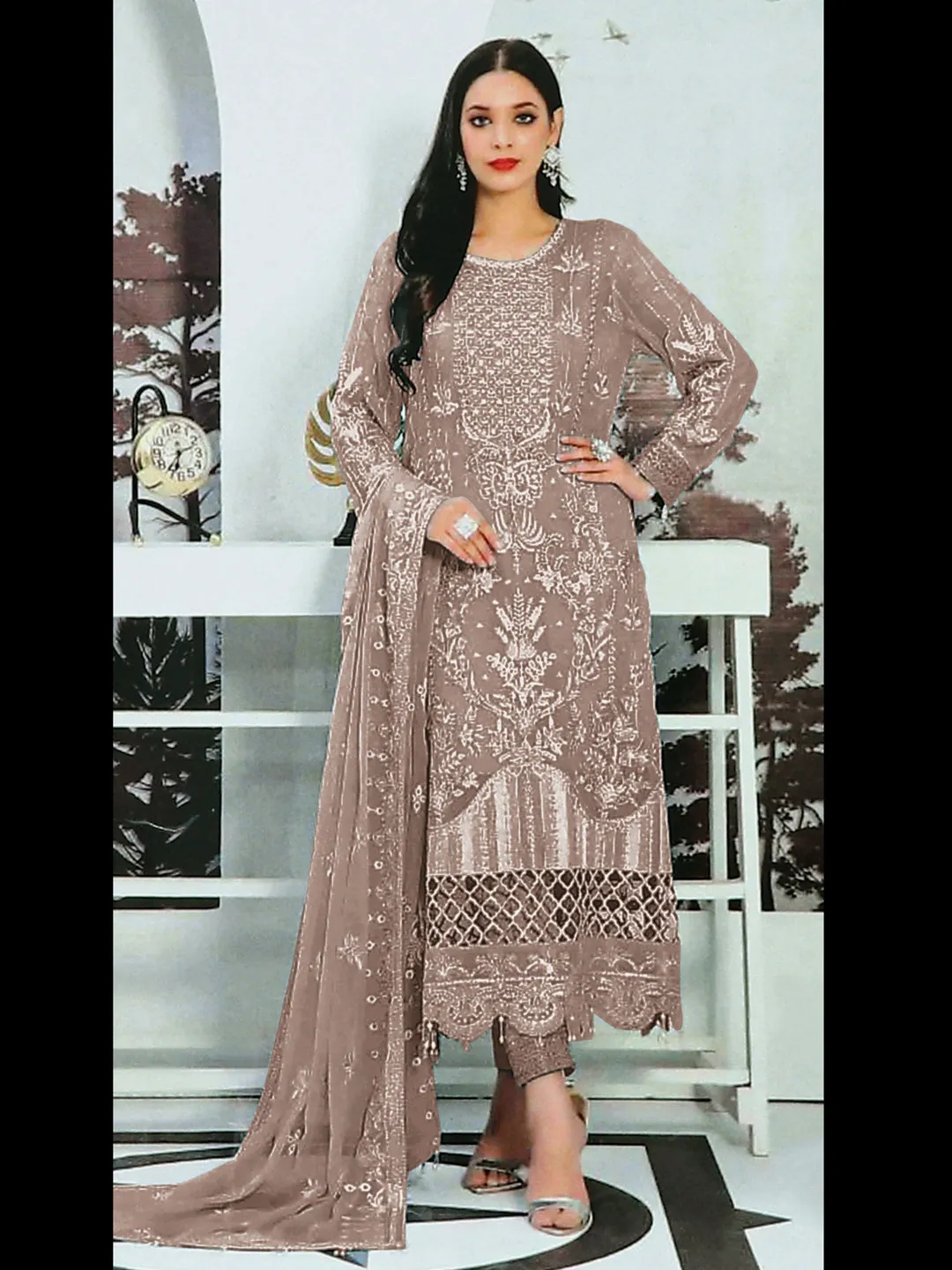 Beige Designer Function Wear Semi-Stitched Pant Suit With Embroidery Work