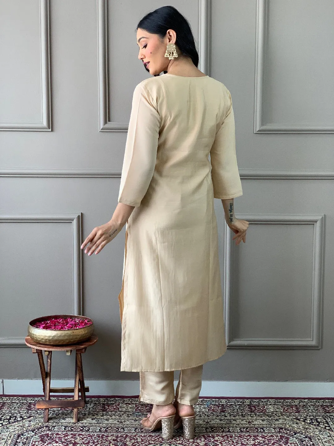 Beige Designer Party Wear Readymade Pant Suit With Printed Embroidery Work