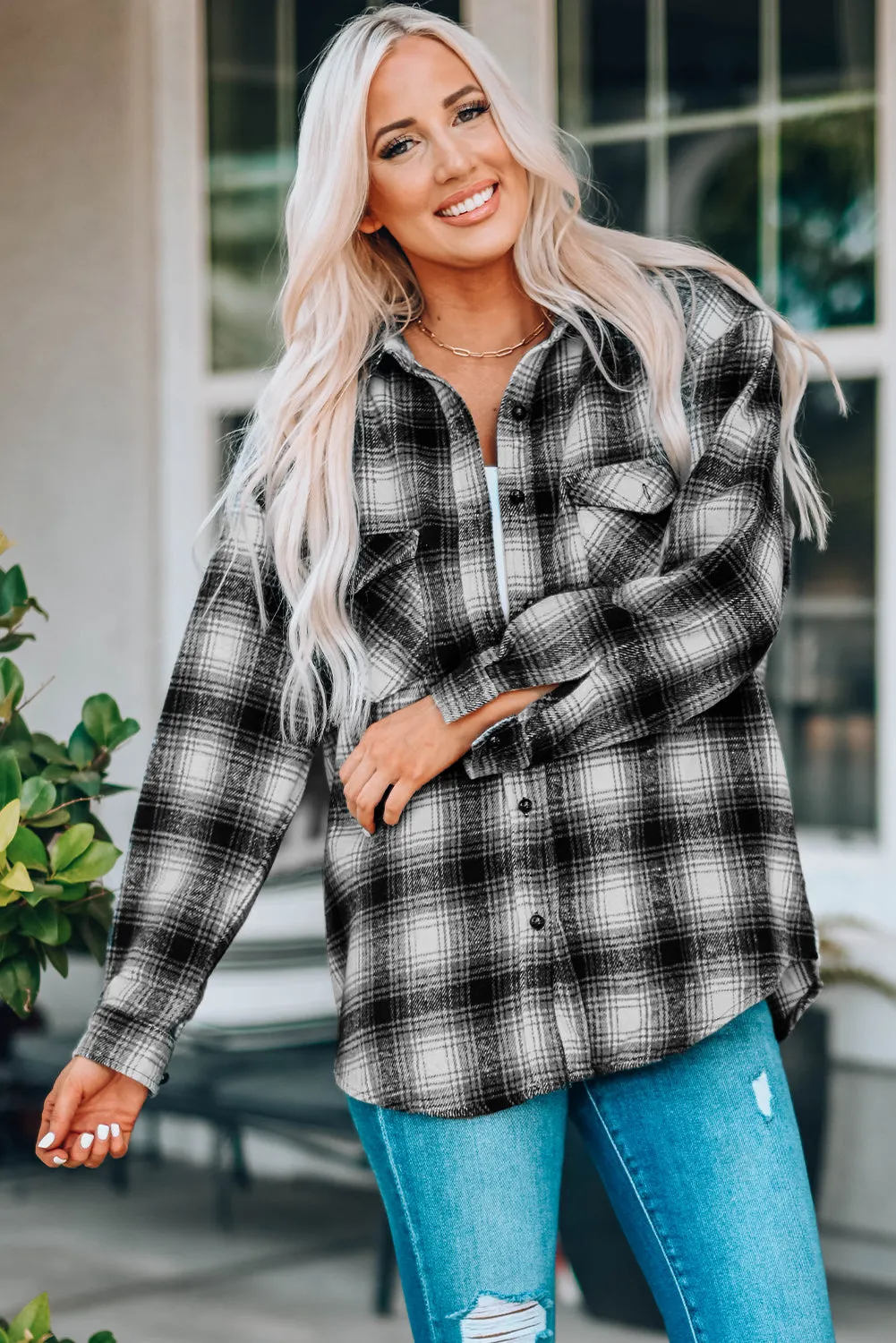 Black Buttons Pocketed Plaid Shacket