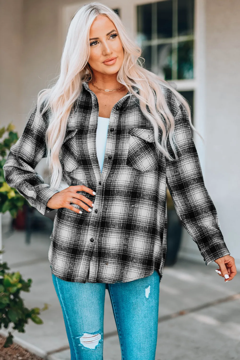 Black Buttons Pocketed Plaid Shacket