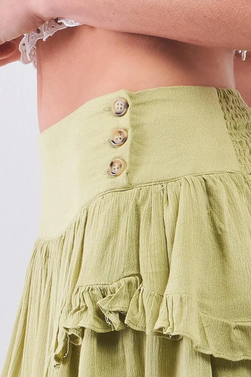 Chartreuse Layered Ruffled High-Waisted Asymmetrical Side Button Mini Skirt /3-2-1