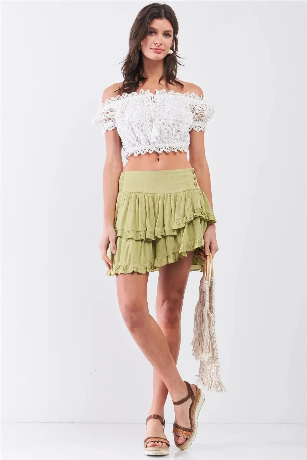 Chartreuse Layered Ruffled High-Waisted Asymmetrical Side Button Mini Skirt /3-2-1