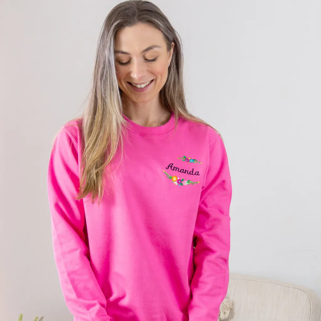 Embroidered Floral Name Candy Pink Sweatshirt