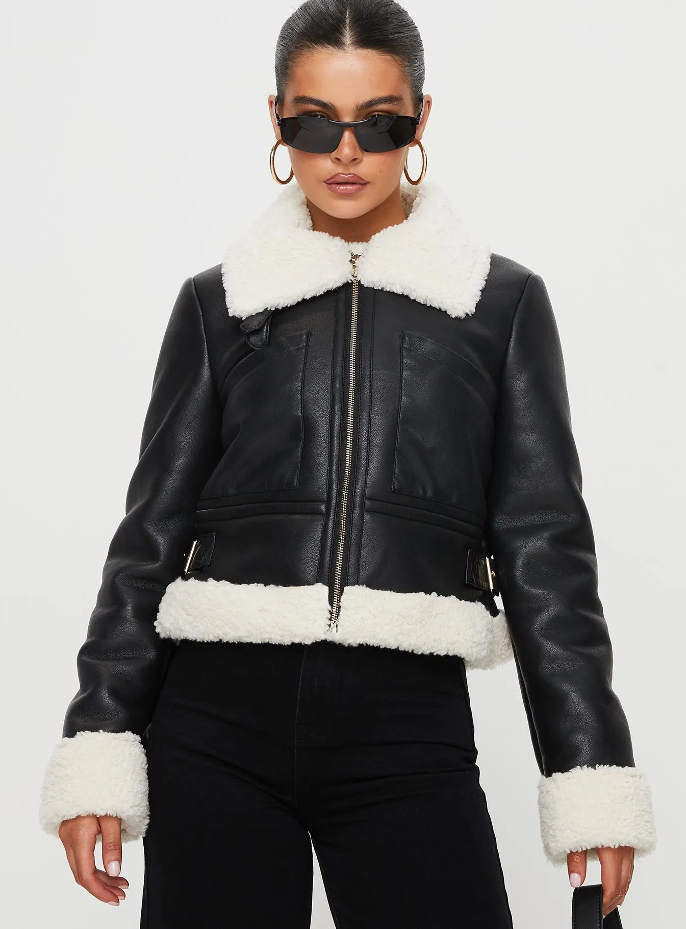 Fashionkova Mayella Shearling Faux Leather Jacket Black