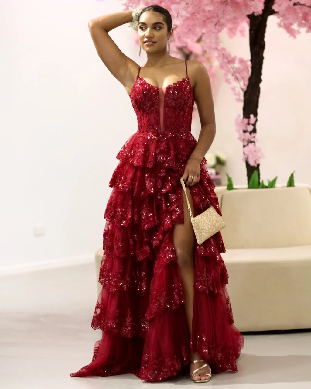 Felicia Ruffle Gown - Wine