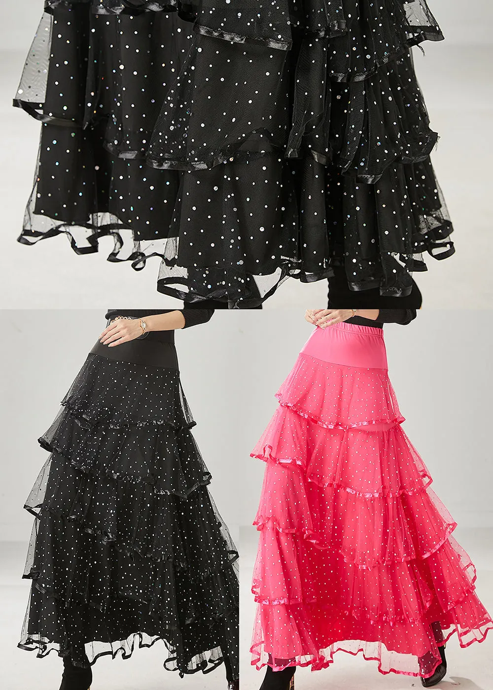 Fine Black Layered Ruffles Tulle Holiday Skirt Spring YU1011