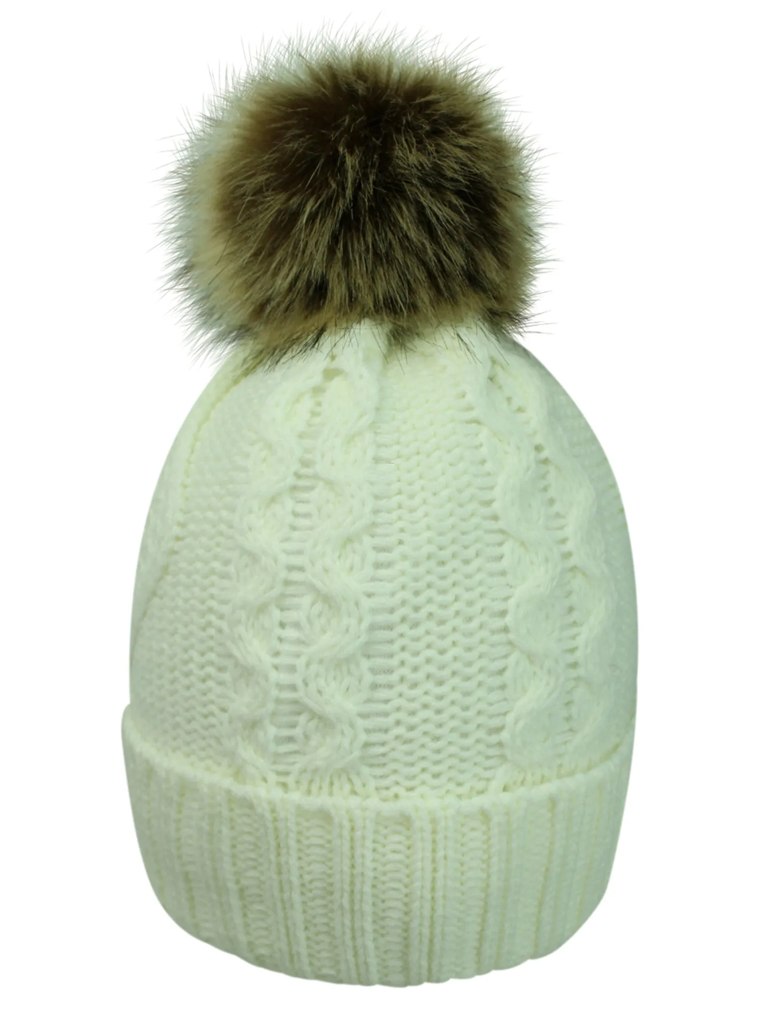 Fleece Lined Cable Knit Beanie Cap Hat With Pom Pom