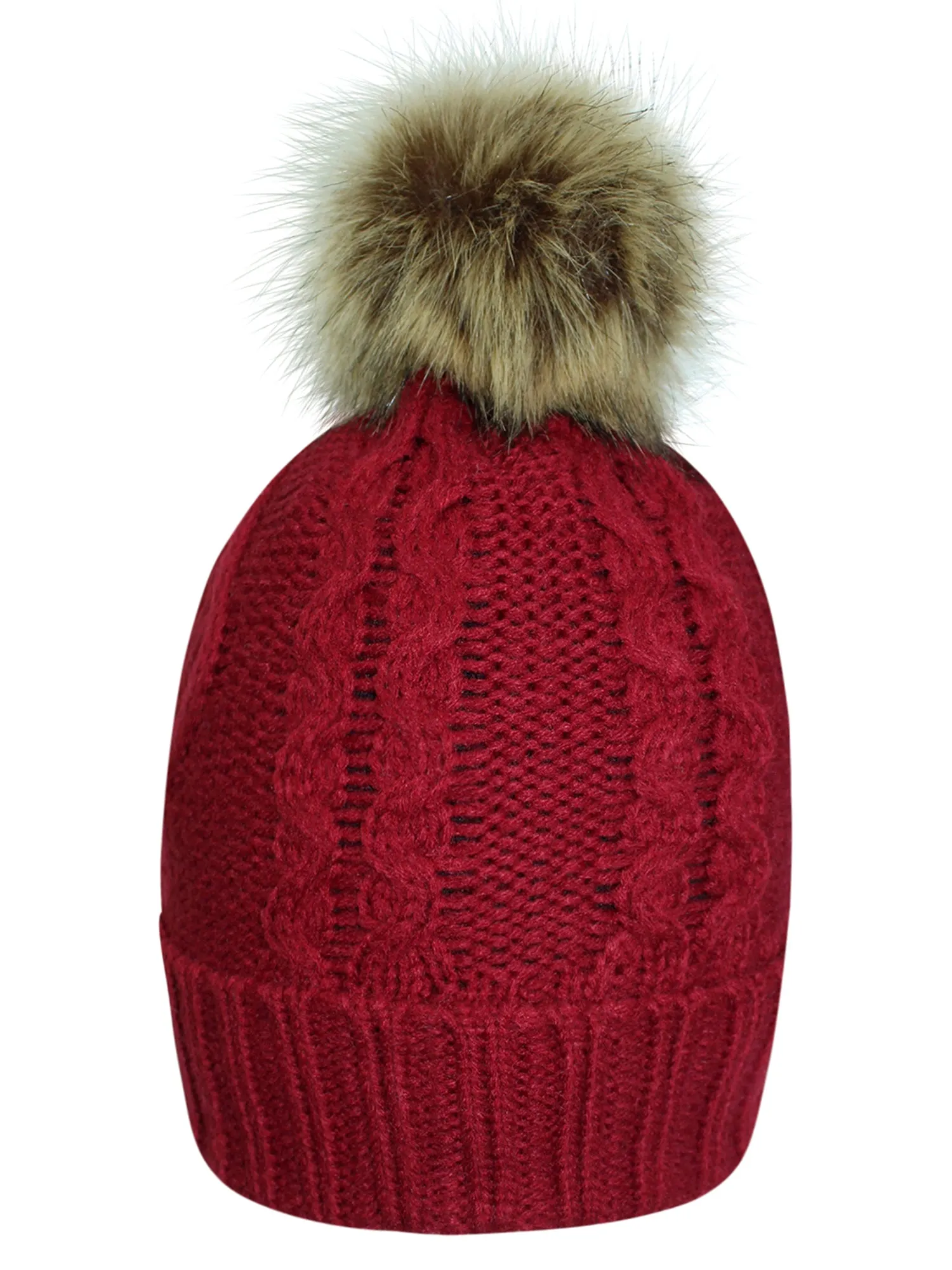 Fleece Lined Cable Knit Beanie Cap Hat With Pom Pom