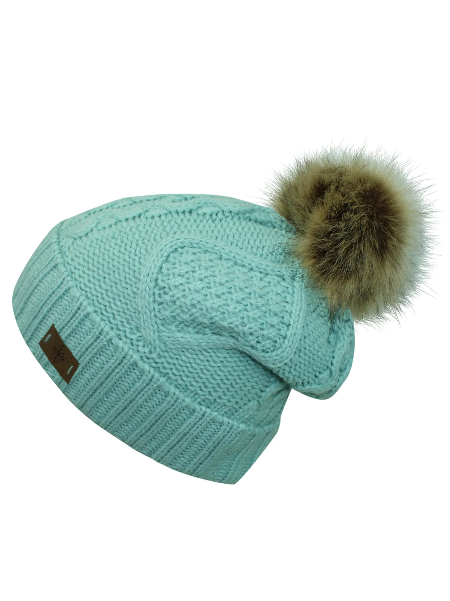 Fleece Lined Cable Knit Beanie Cap Hat With Pom Pom