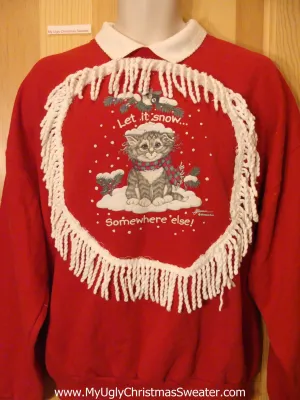 Funny Christmas Sweatshirt Cat LET IT SNOW with Fringe