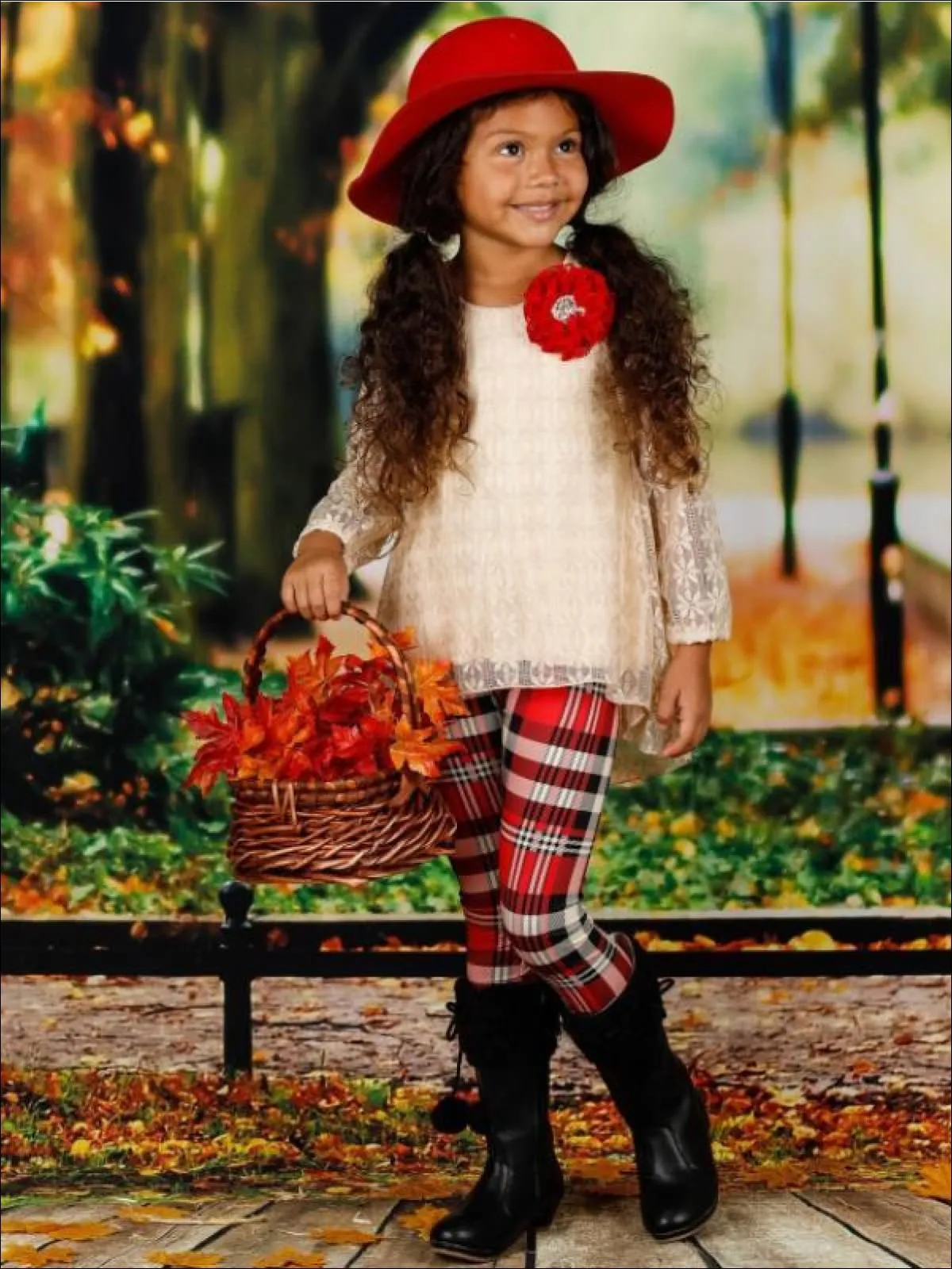 Girls Beige Lace Long Sleeve Hi-Lo Tunic And Plaid Legging Set