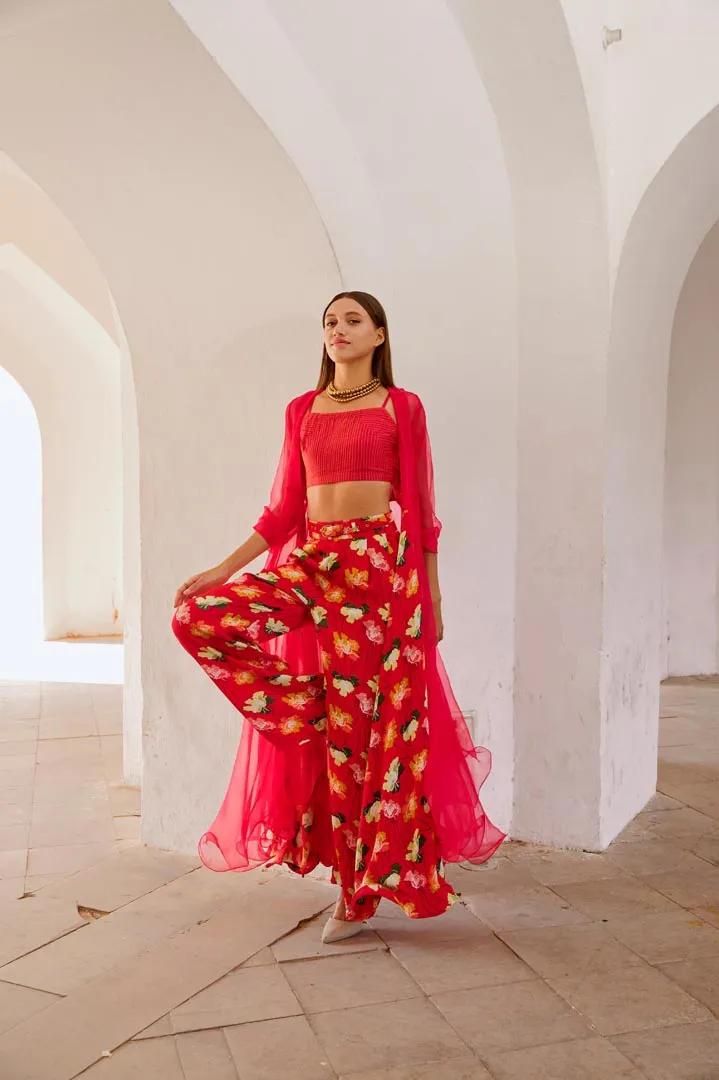 Gulbahar Chilly red organza Jacket with  crop top and culottes set