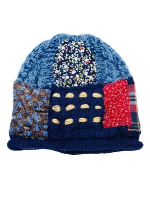 JCH307001 Blue Reversible Patchwork Hand-knit Fleece Lined Beanie