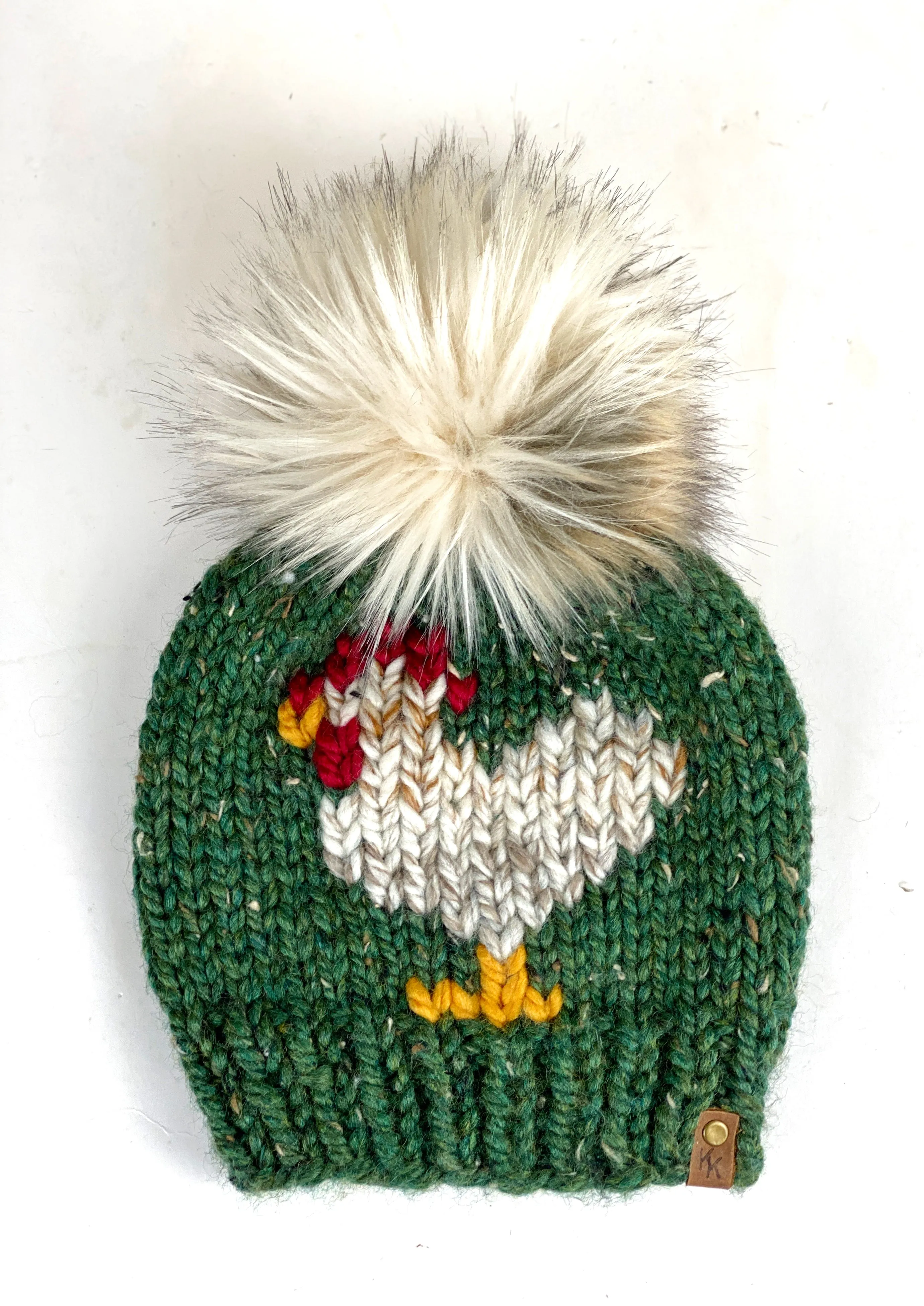 Kale Green Chicken Beanie Wool Blend Womens Adult Hat Faux Fur Pom Pom Hat