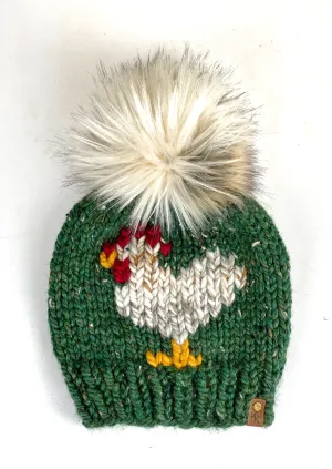 Kale Green Chicken Beanie Wool Blend Womens Adult Hat Faux Fur Pom Pom Hat