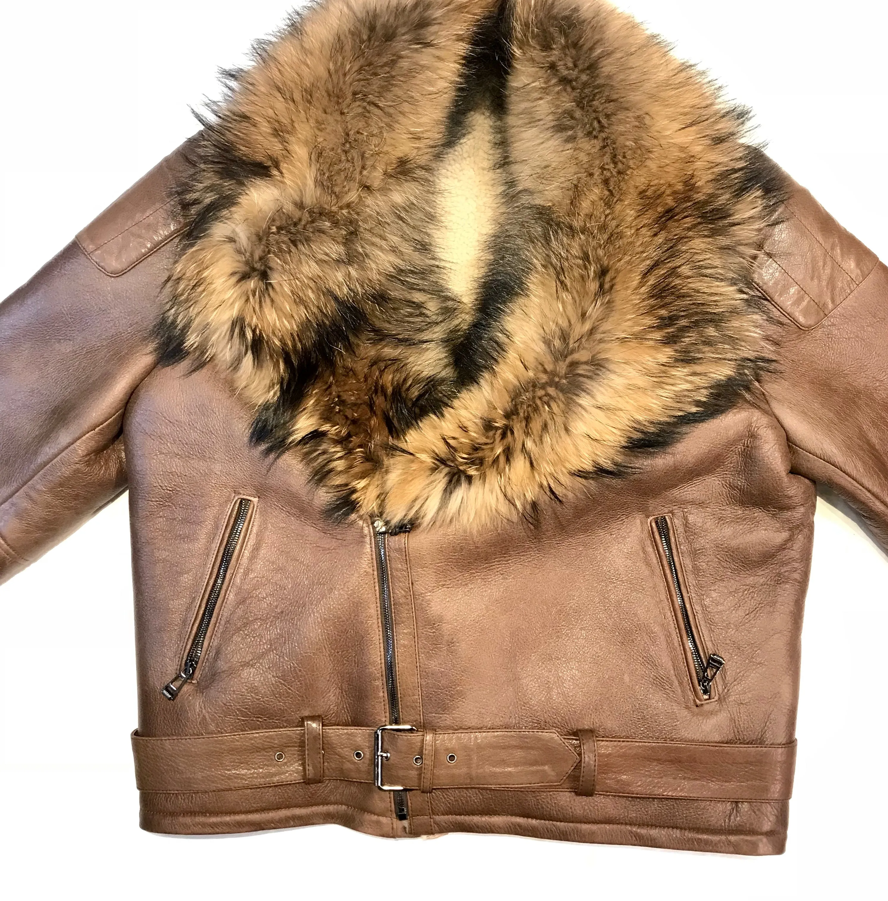 Kashani Chocolate Oversized Fox Collar Shearling Biker Jacket