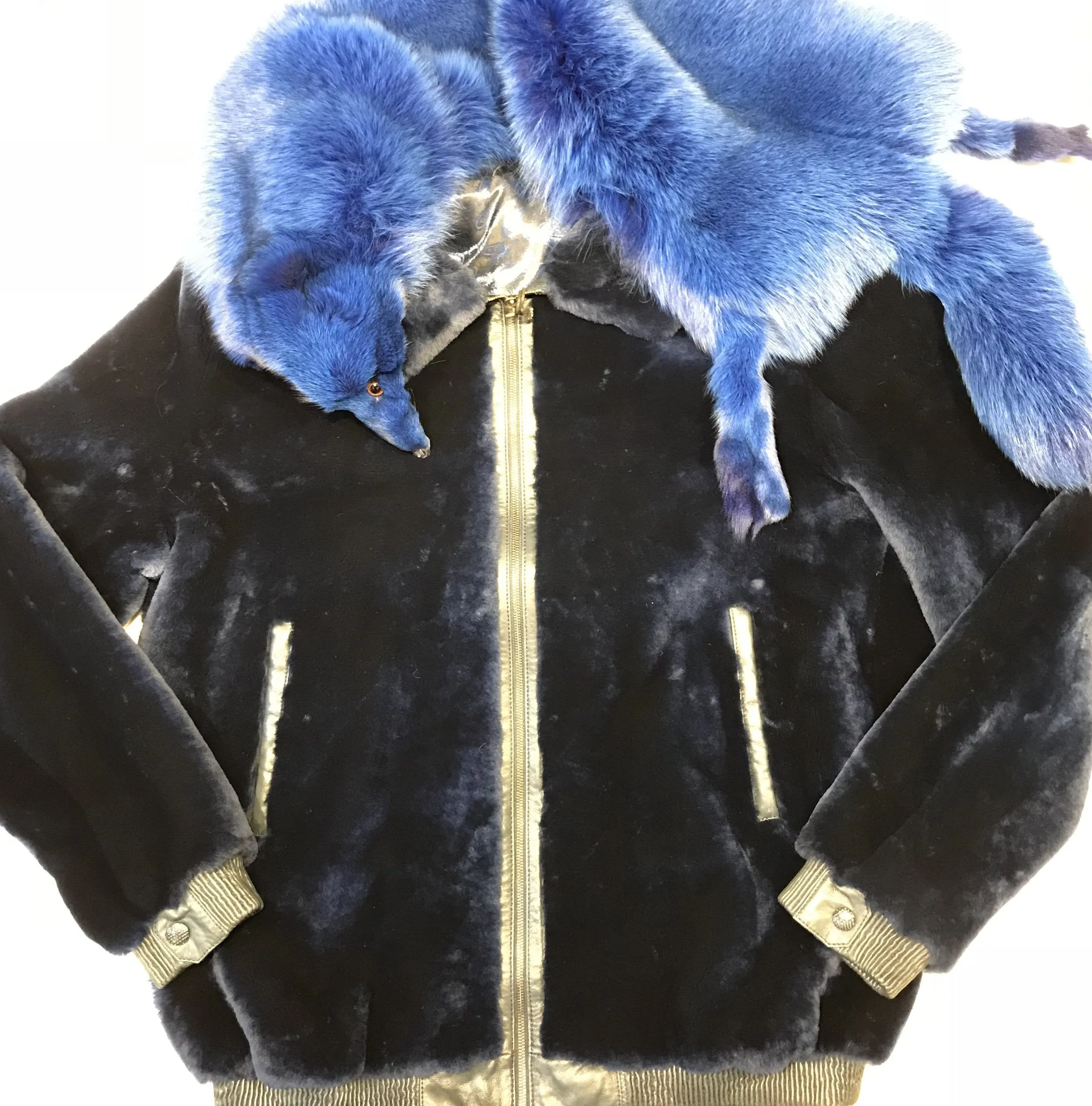 Kashani Wonder Blue Mouton Detachable Fox Shearling Jacket