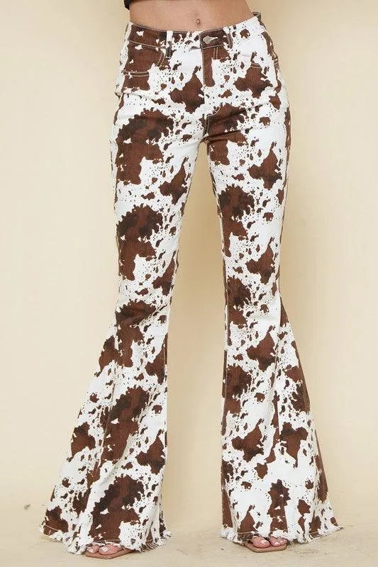 KAYDENCE COWPRINT FLARED DENIM PANTS