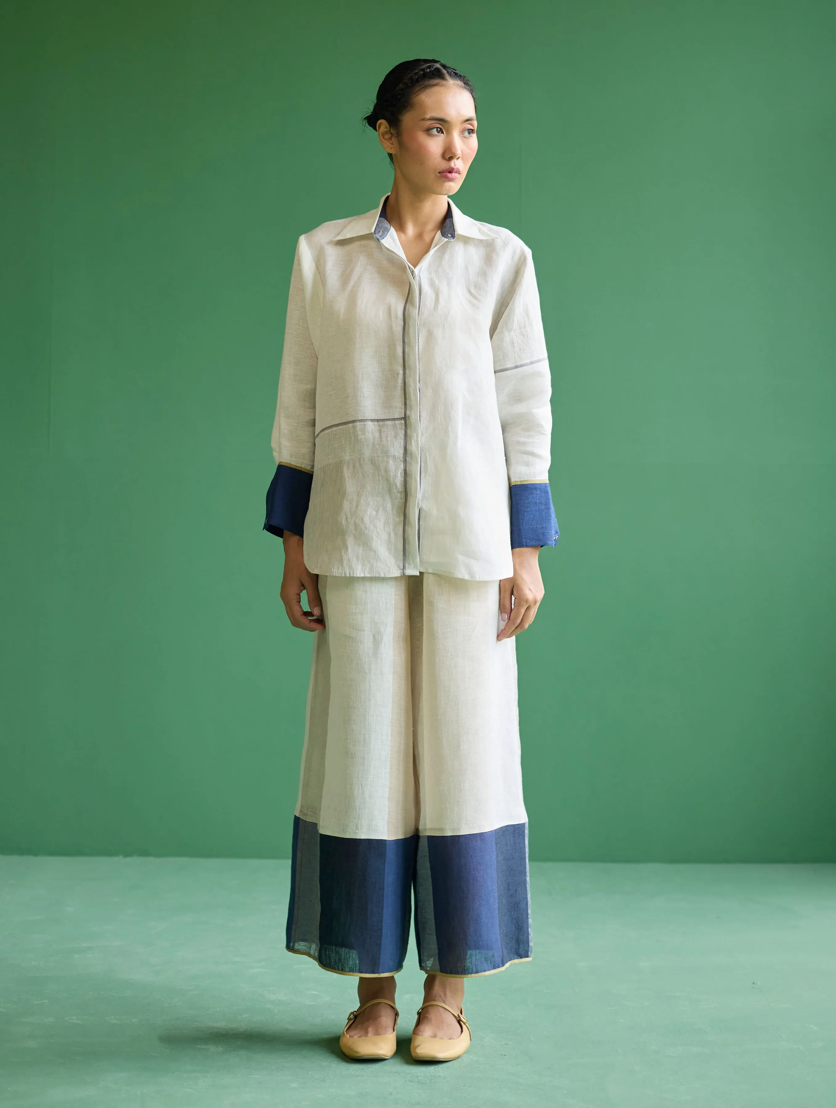 Kio Color-Blocked Linen Pant- Ivory