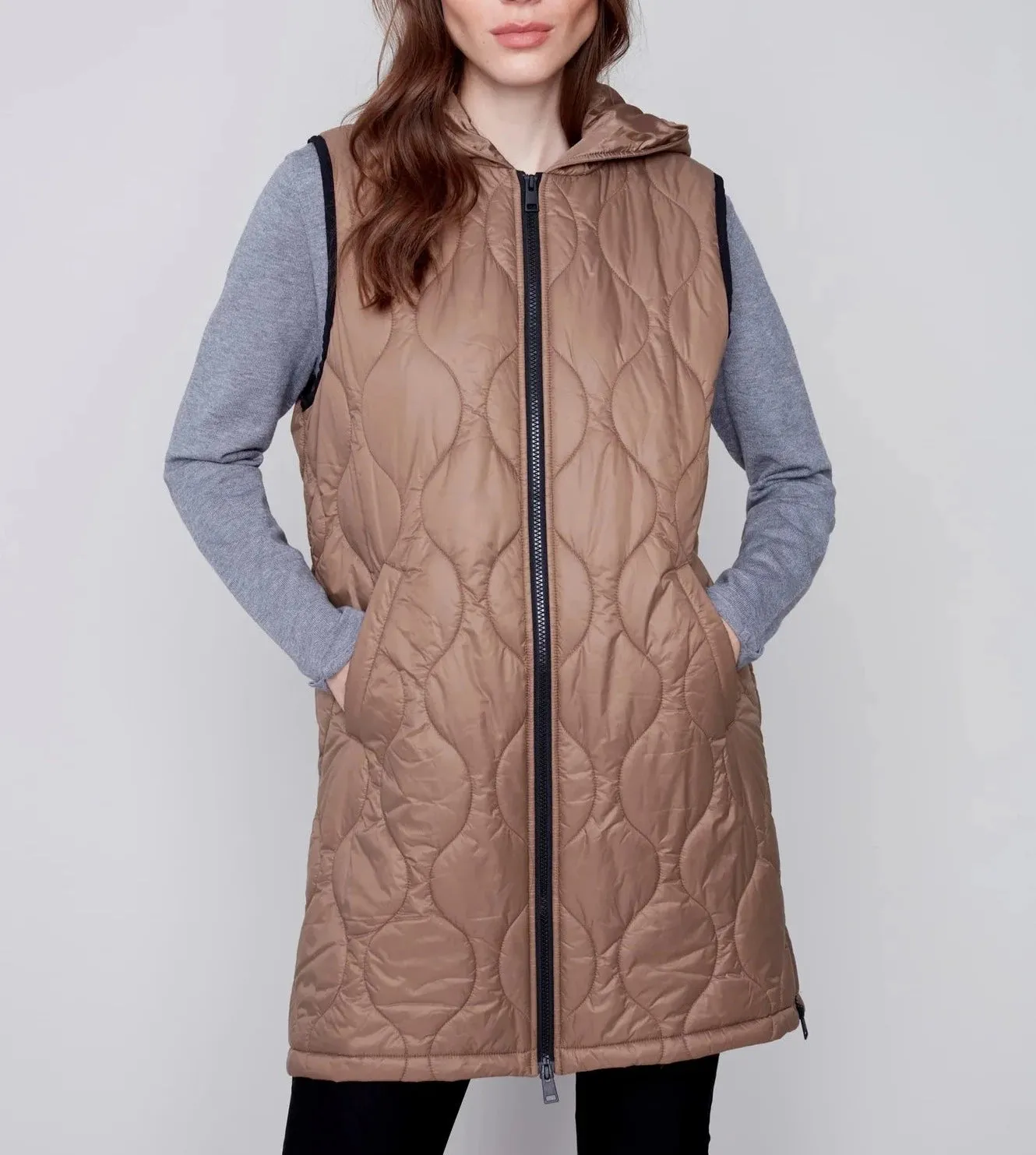 Long Quilted Puffer Vest with Hood