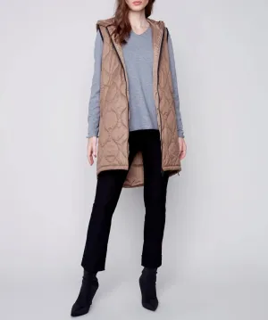 Long Quilted Puffer Vest with Hood