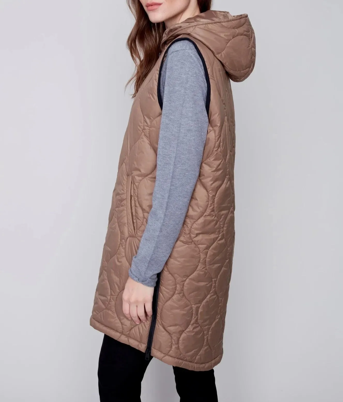 Long Quilted Puffer Vest with Hood