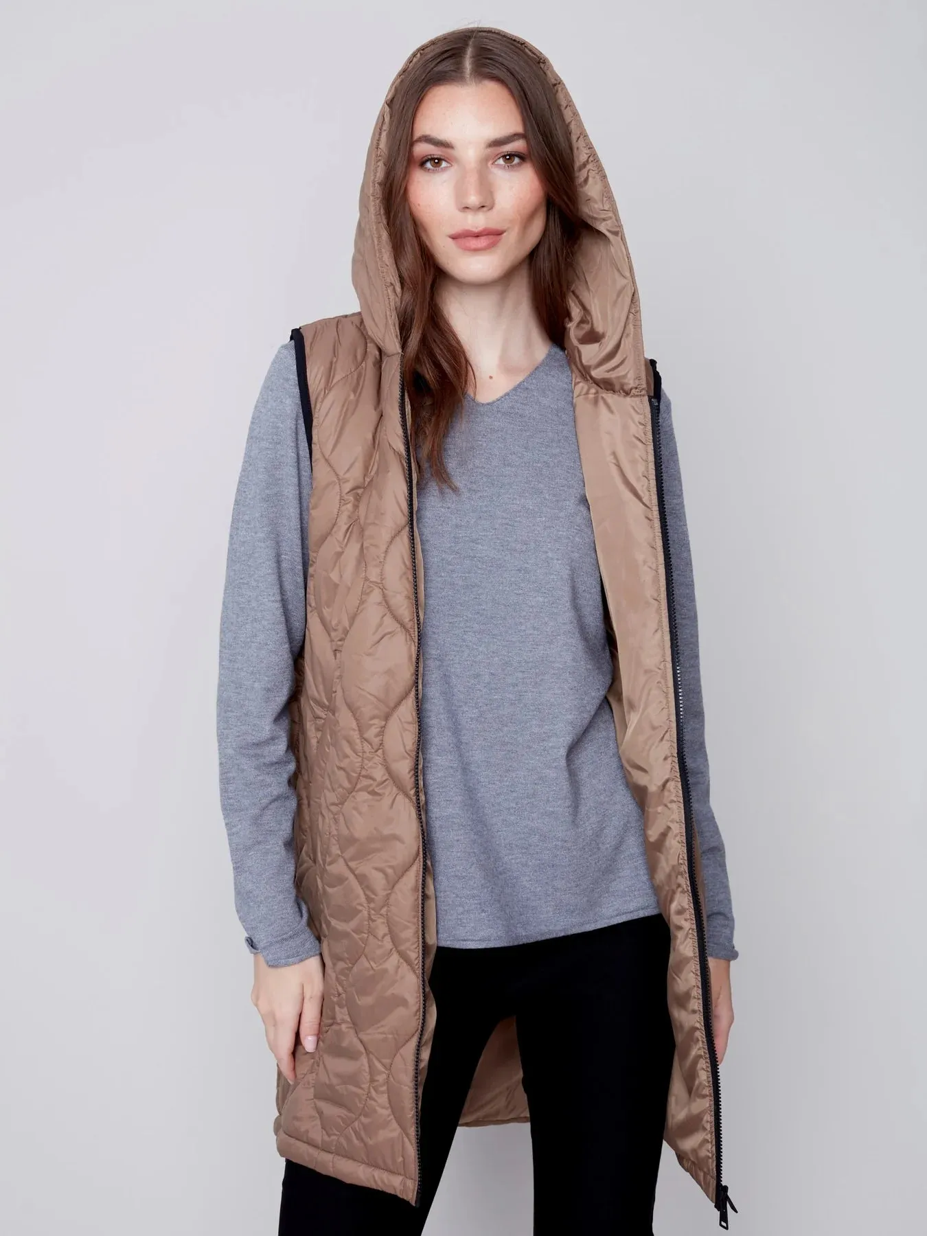 Long Quilted Puffer Vest with Hood