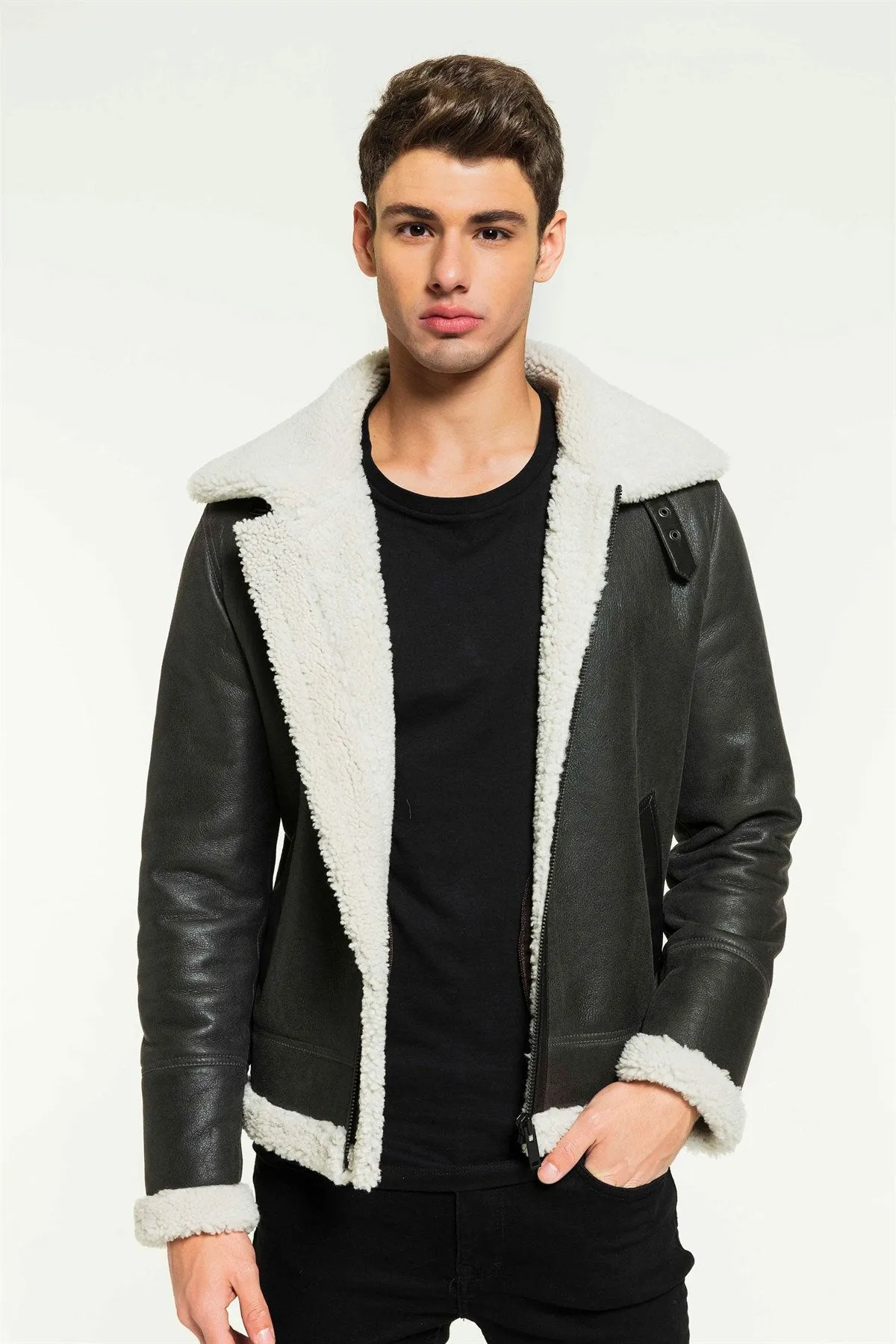 Men Aviator Grizzly Grey Shearling Jacket