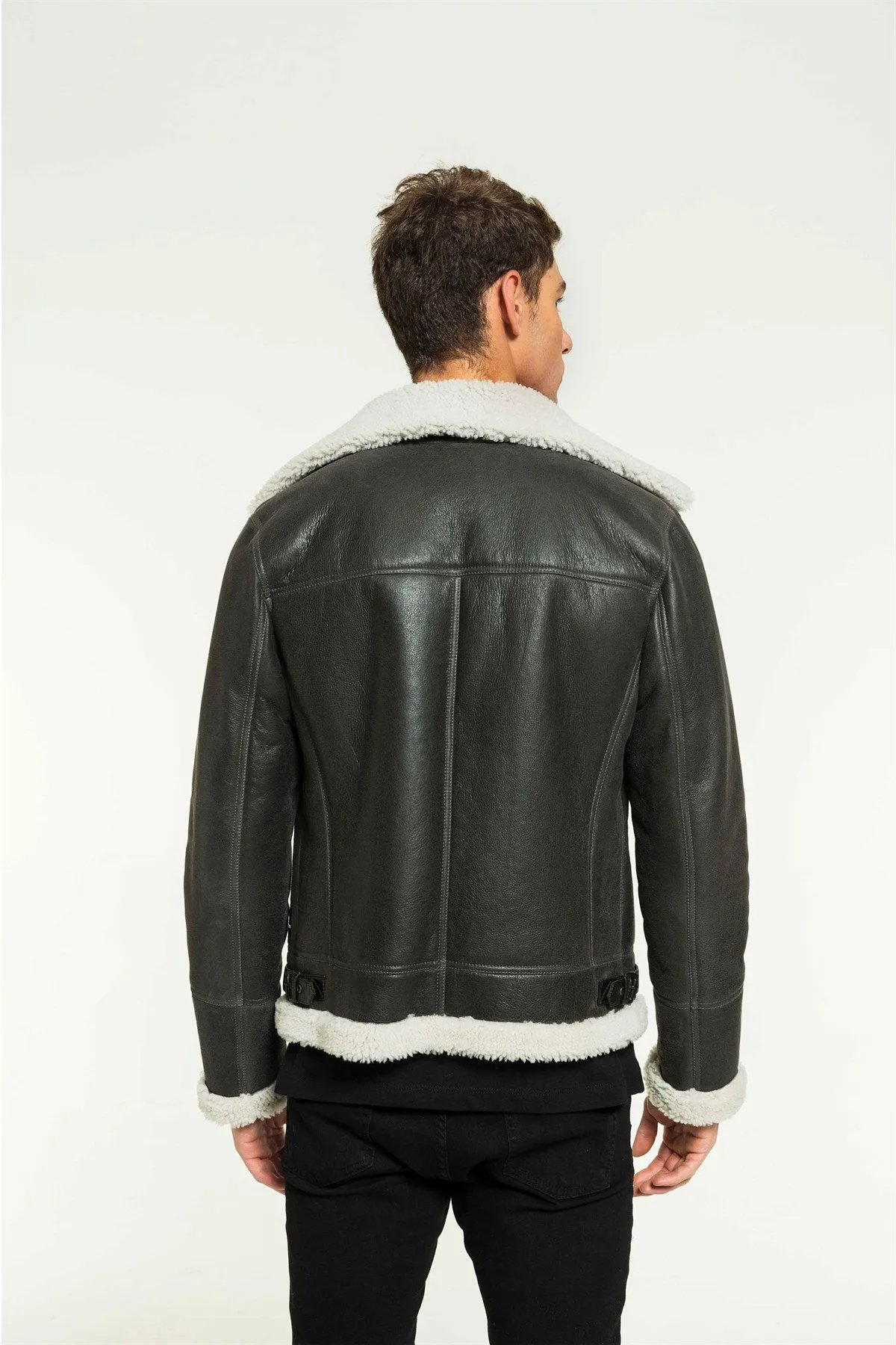 Men Aviator Grizzly Grey Shearling Jacket