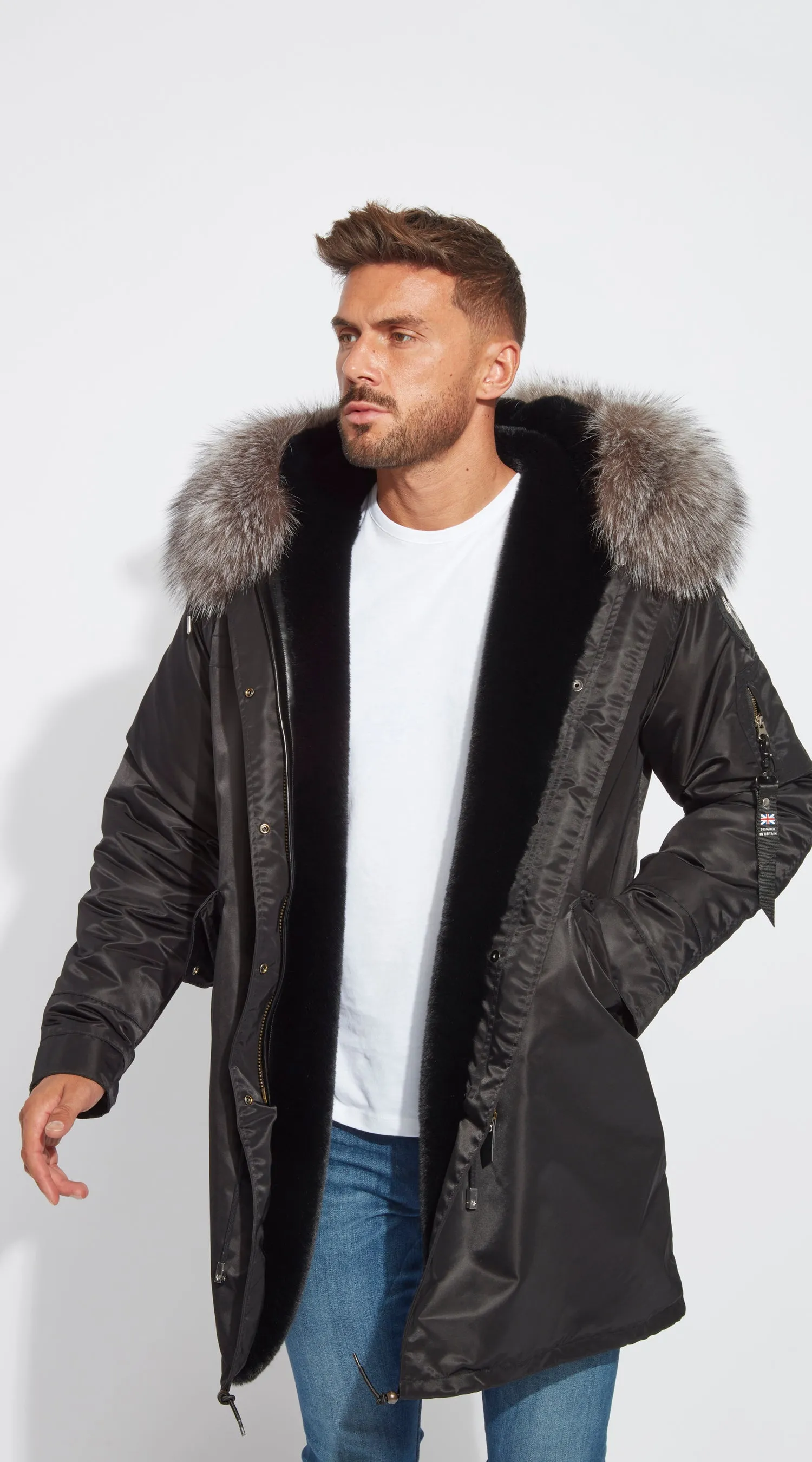 Mens Black Water-Repellent Luxy Fur Parka - 3/4 Silver Frost Fox