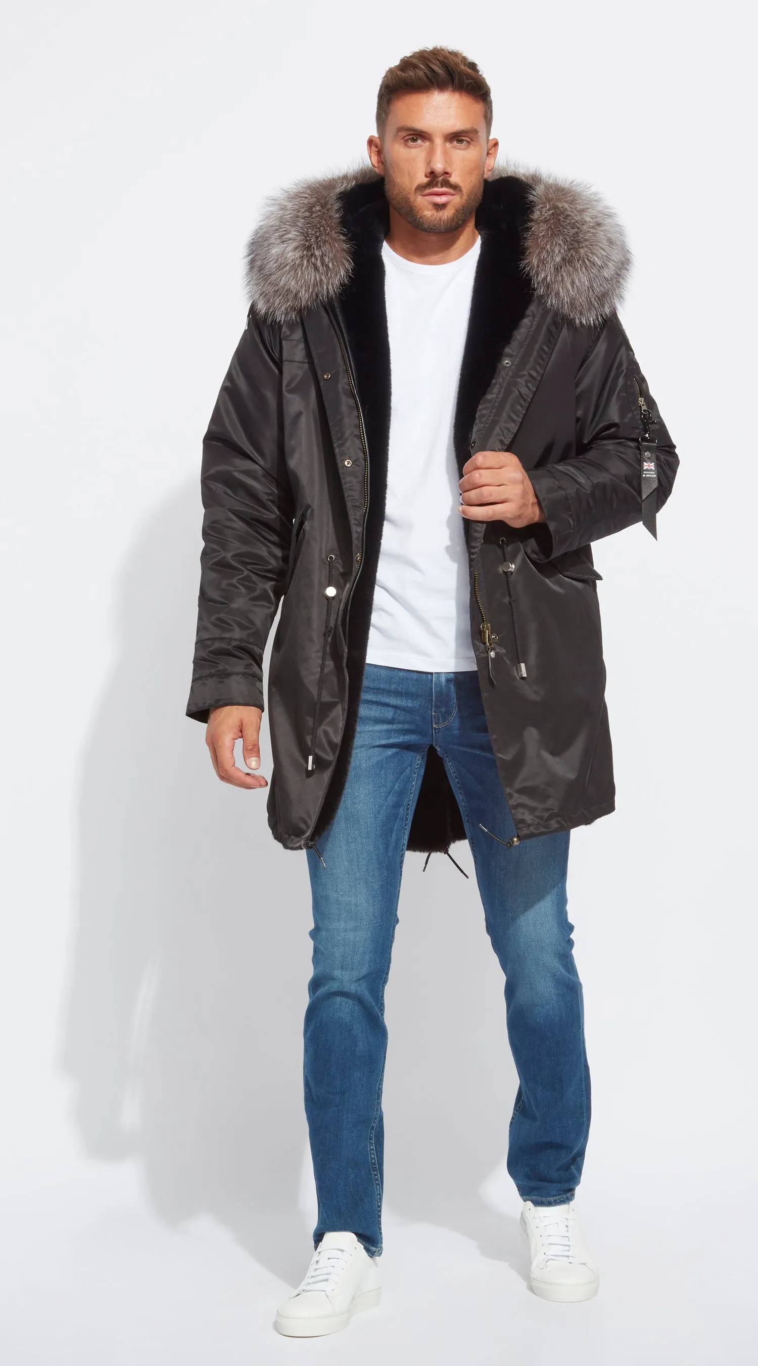 Mens Black Water-Repellent Luxy Fur Parka - 3/4 Silver Frost Fox