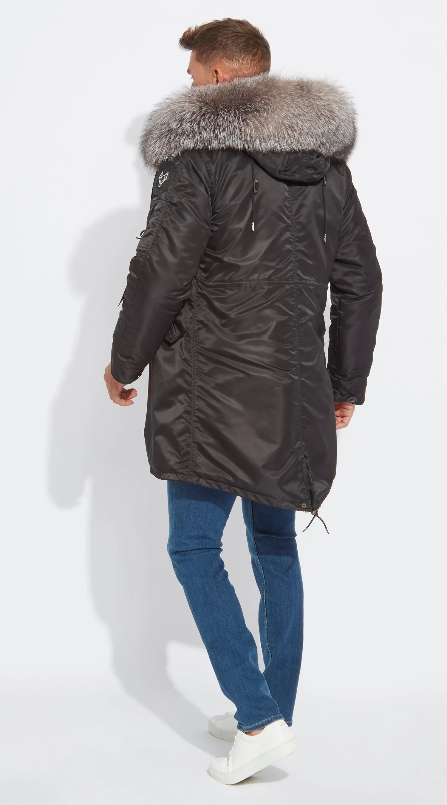 Mens Black Water-Repellent Luxy Fur Parka - 3/4 Silver Frost Fox