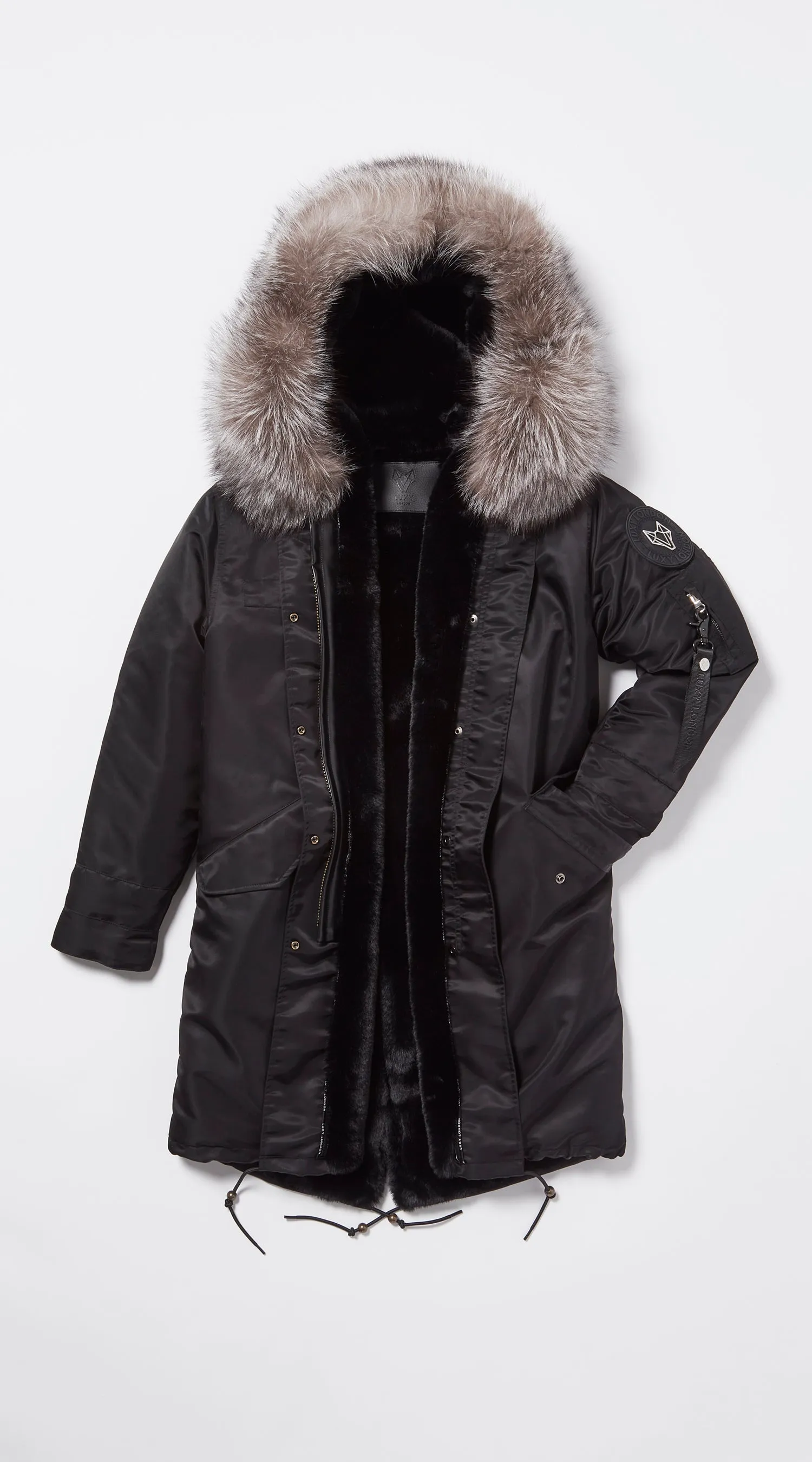 Mens Black Water-Repellent Luxy Fur Parka - 3/4 Silver Frost Fox