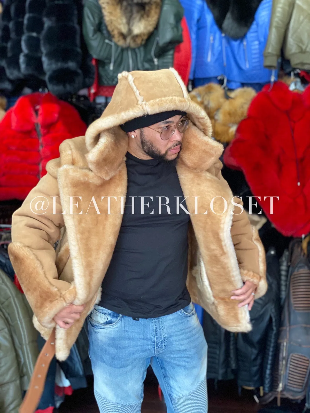 Men's Classic Sheepsking Shearling Biker With Hood