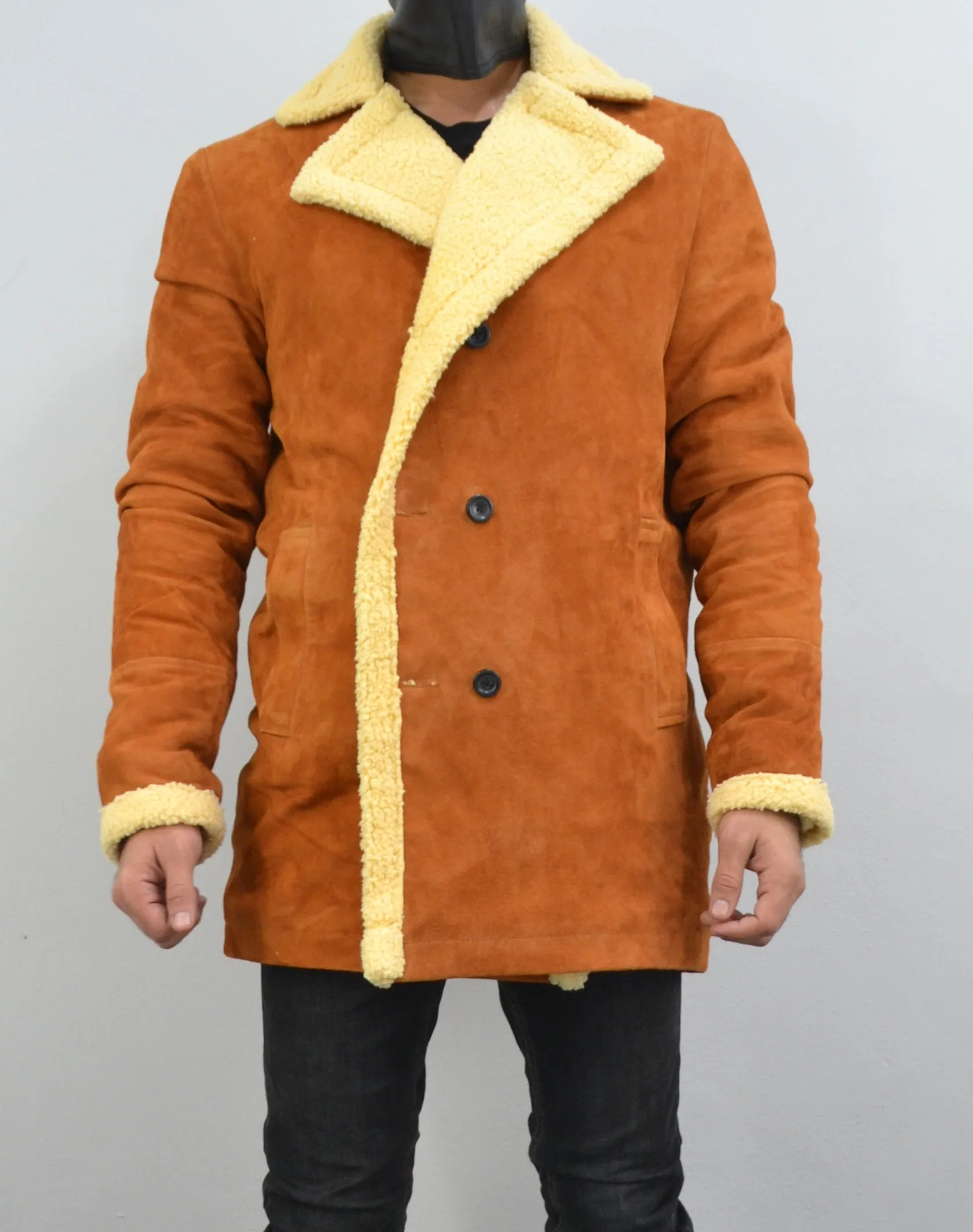 Men's Double Breasted Shearling Fur Suede Tan Leather Jacket