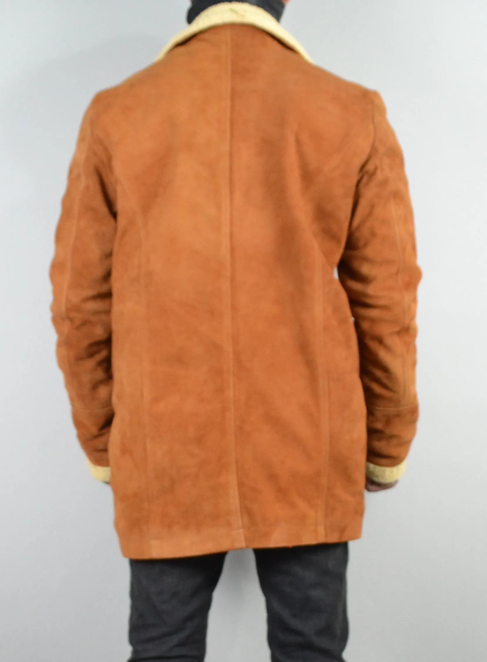 Men's Double Breasted Shearling Fur Suede Tan Leather Jacket