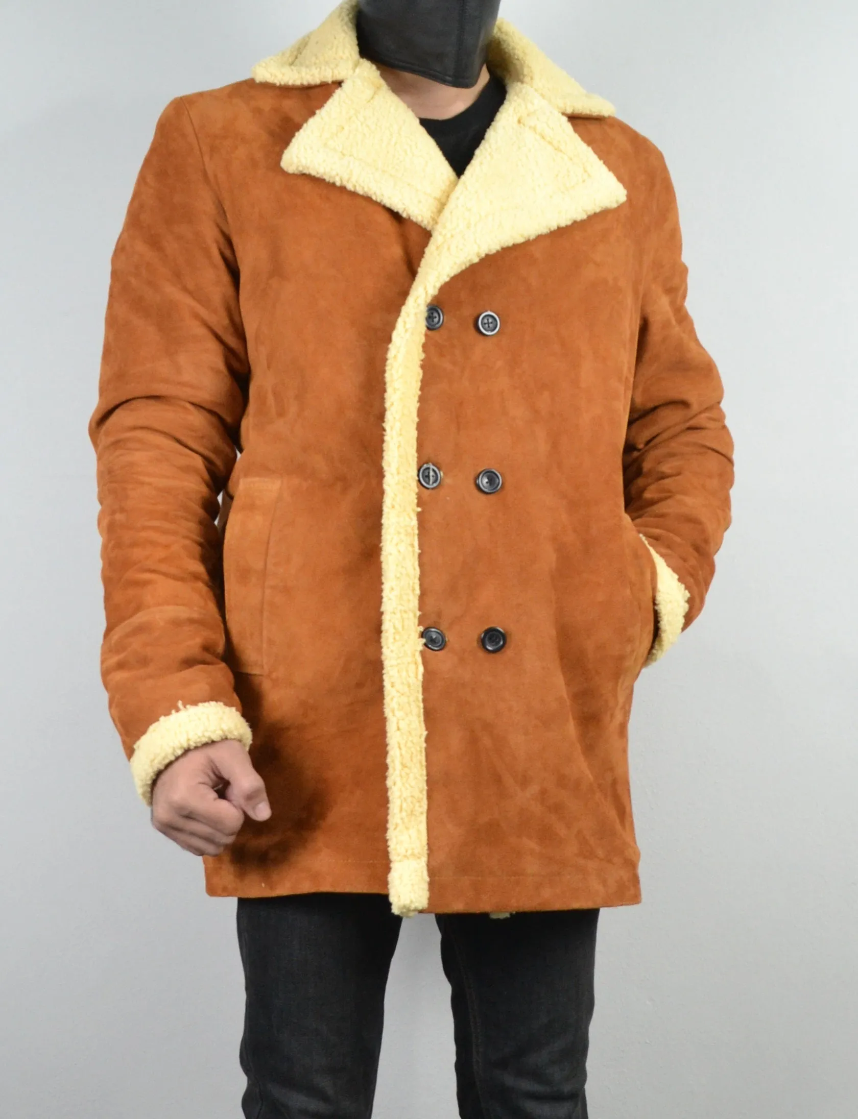 Men's Double Breasted Shearling Fur Suede Tan Leather Jacket